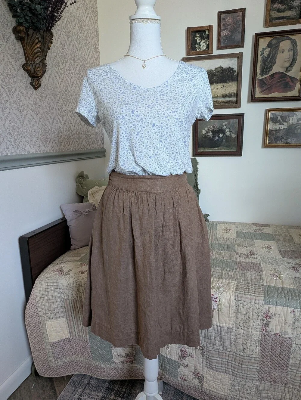 Linenfox 100% Linen Skirt S/M Taupe Brown Elastic Waist Pockets Handmade